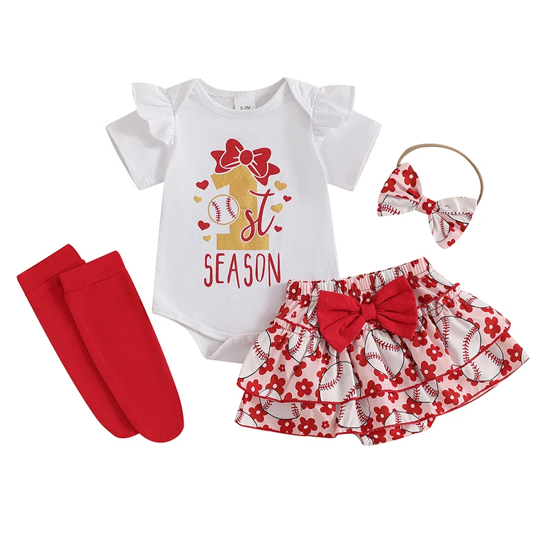 

Baby Girls Summer Outfits Short Sleeve Letter Romper with Baseball Print Skorts and Headband and Socks Set