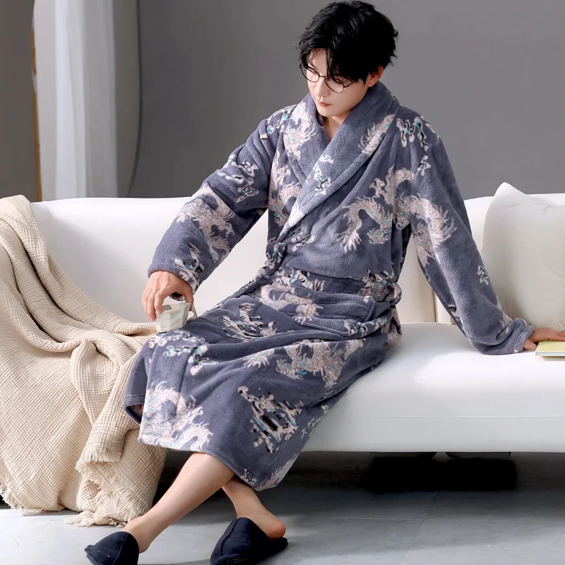 2024 New Men's Winter Keep Warm Sleepwear Kimono Bathrobe Gown Thicken Oversize Loose Coral Fleece Homewear Flannel Long Robe