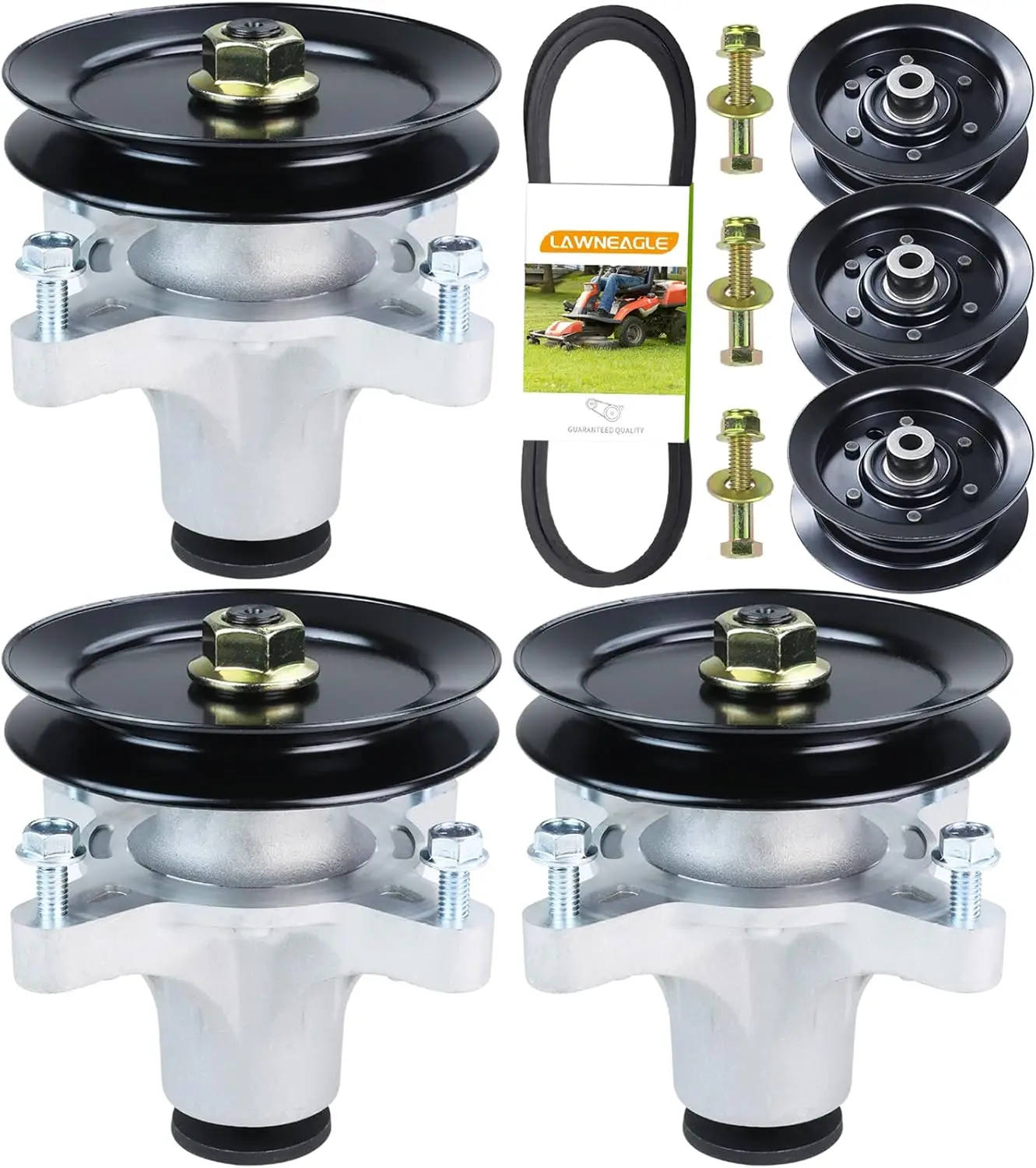 

Комплект из 3 шпинделей в сборе с шкивами и ремнем для райдеров-газонокосилок, заменяет несколько моделей