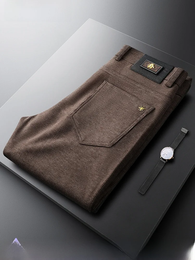 

Осень-зима, мужские повседневные брюки кофейного цвета, тонкие, прямые, в тонкую полоску, бархатные деловые брюки для поездок на работу