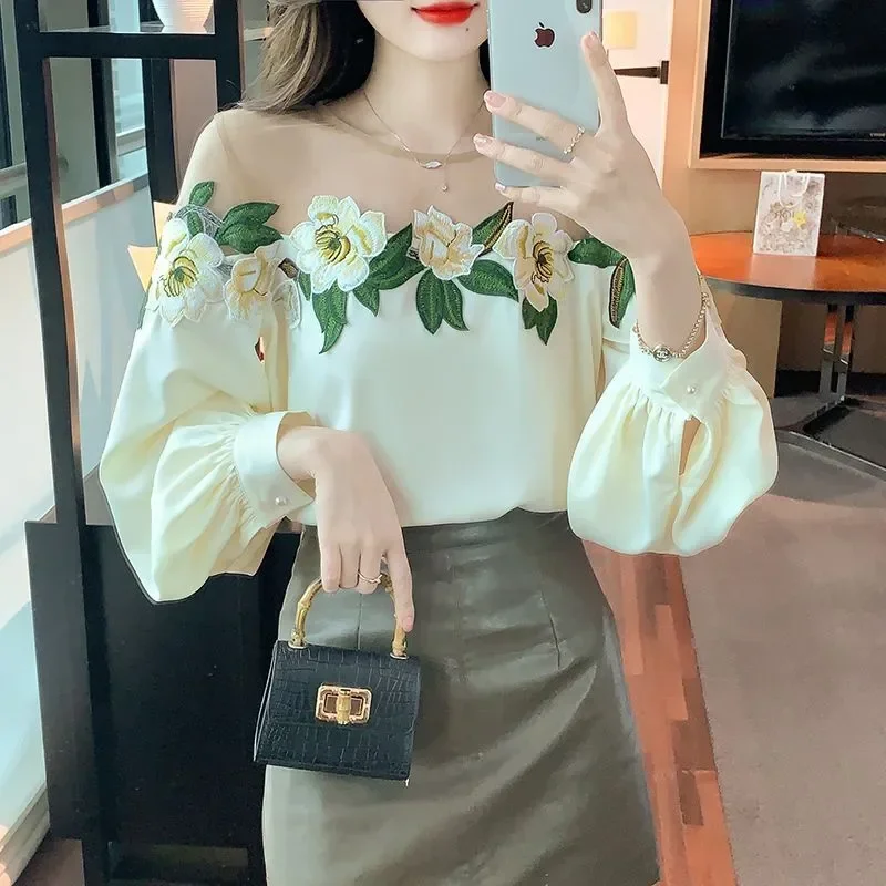 Floral Print Patchwork Stain Shirt Spring Summer Fashion Blouse 2023 Korean Style Elegant Lace Long Sleeve Shirt for Female