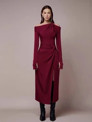 Sexy Diagonal Collar Hollow Out Long Dress Women Red Black Long Sleeveless Split Slim Dresses Party Evening Runway Gowns