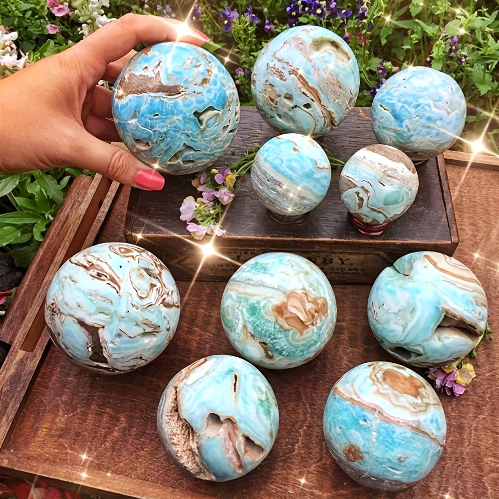 1 Stück Boho-Stil Karibische Calcit-Kristallkugel mit Ständer – blau-weißer marmorierter Stein für Heim- oder Bürodekoration