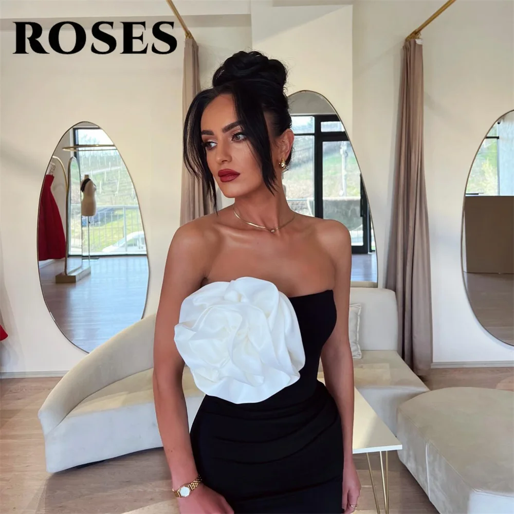 ROSES Simple Black Evening Dress Strapless Satin Appliques Party Dress Pleat Mermaid فستان سهرة نسائ  Prom Dresses Free Shipping