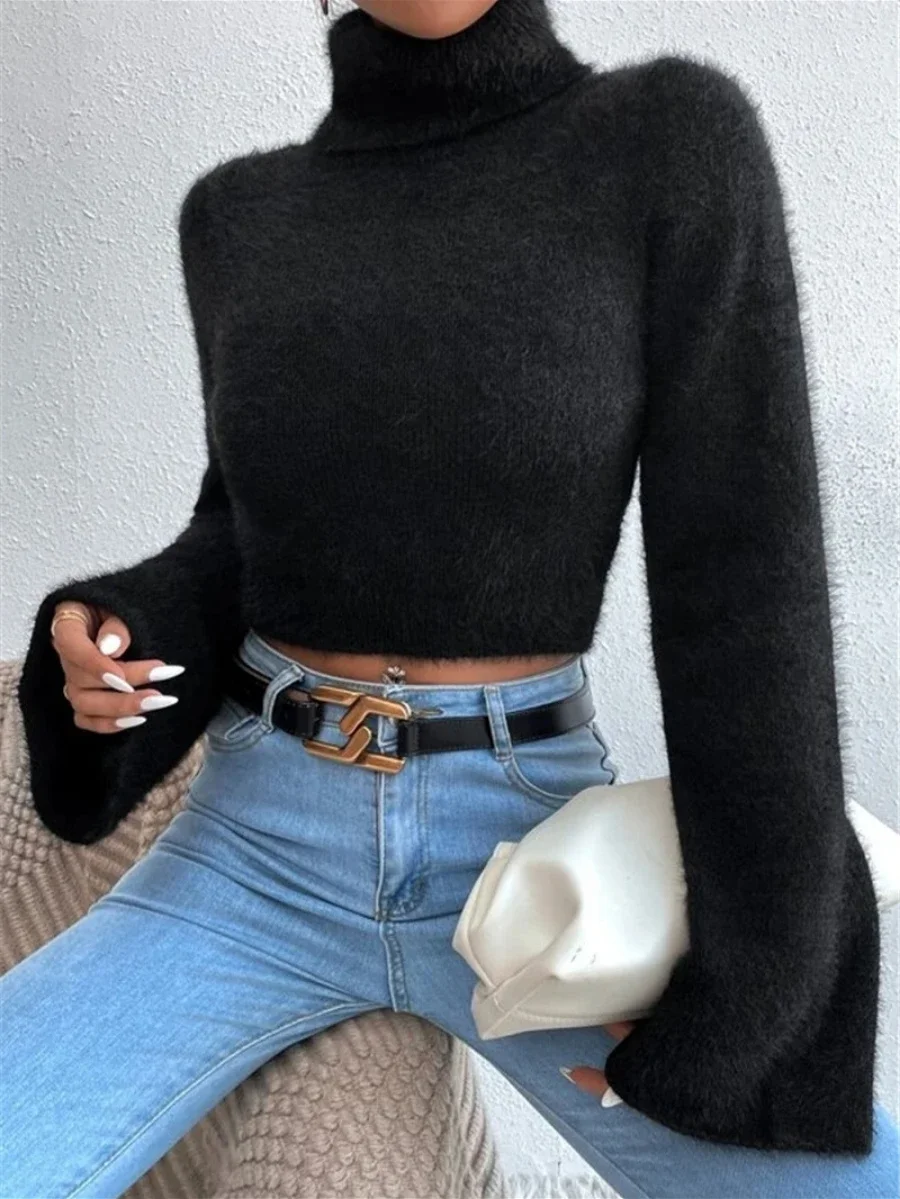 Bornladies Autumn Winter Turtleneck Short Sweater Stylish Ladies Plush Knitted Long Sleeved Solid Warm Women\'s Knitted Pullover