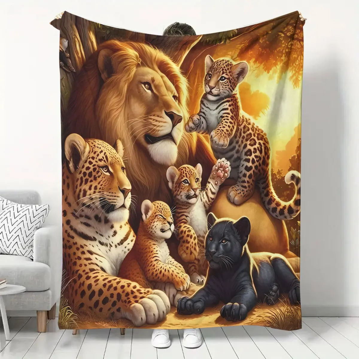 Reversible Lion Print Flannel Fleece Blanket, Soft Cozy All-Season Throw, Contemporary Style, Digital Print, Polyester, 200-250g
