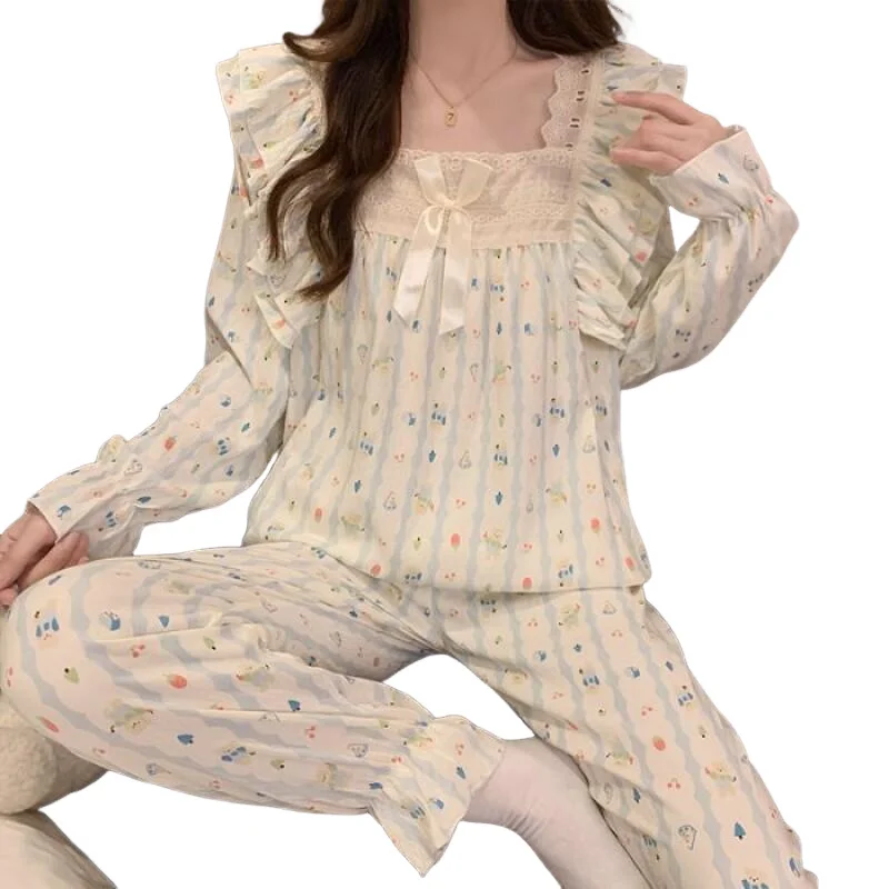 

Сексуальный пижамный комплект, милый простой хлопковый домашний костюм с облаком, удобный милый студенческий повседневный костюм из 2 предметов с героями мультфильмов, женский костюм, брюки