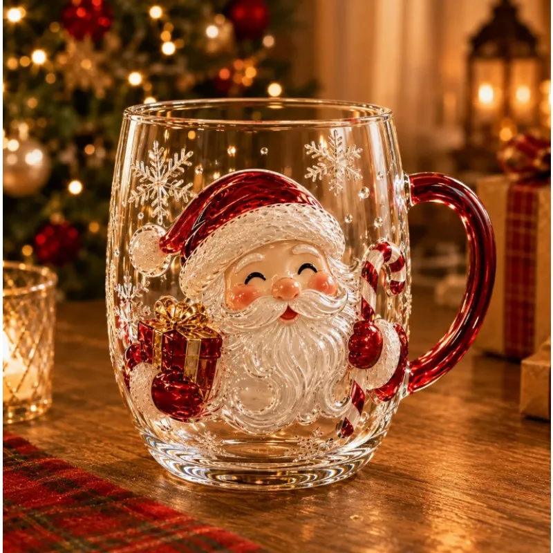 Cute Christmas Glass Coffee Mug with Handle, Snowflake Art Cup for Tea, Cocoa, Office Gift