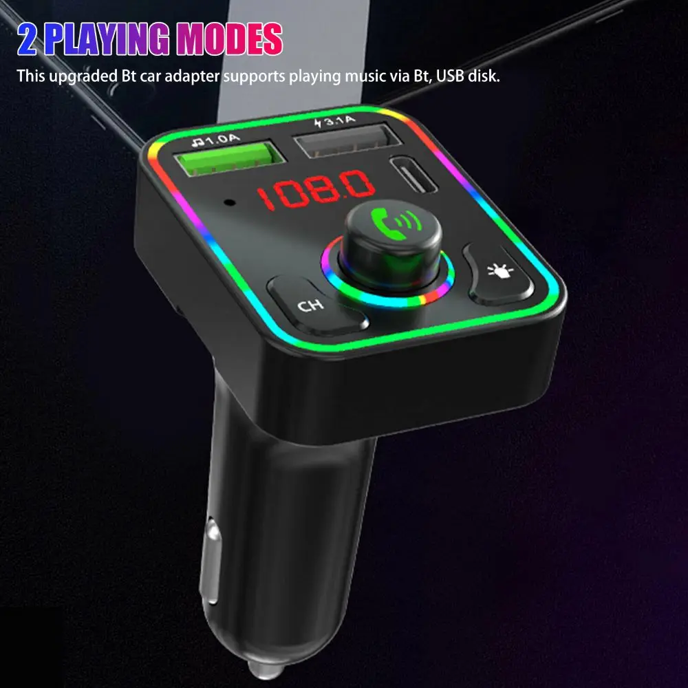 Podofo Fast Charging Bluetooth 5.0 FM Transmitter Dual USB PD Charger Music Player Colorful Ambient MP3 Lighter AUX Hands-Free