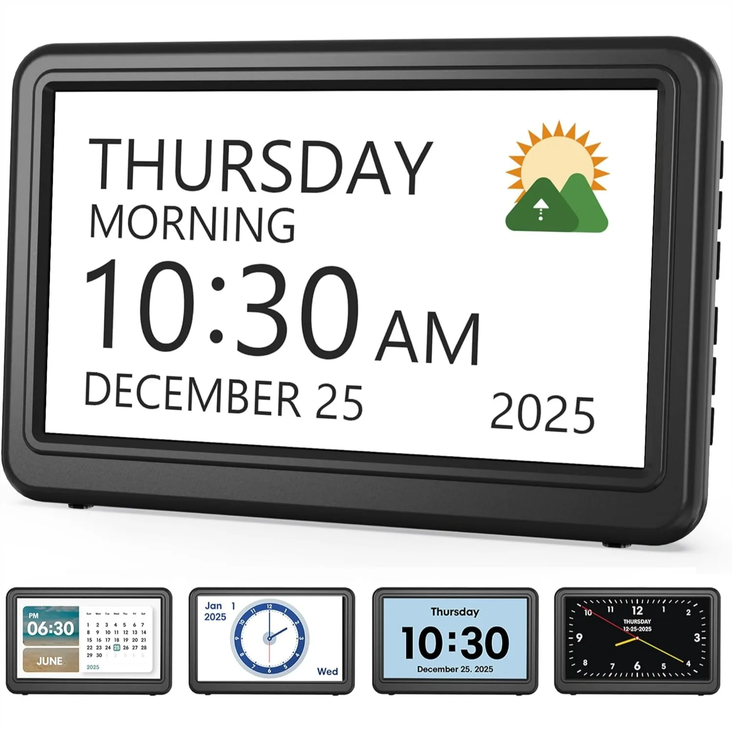 

7" Large Display Digital Calendar Clock for Seniors, 20 Custom Alarms & Medicine Reminders, Dimmable, Black