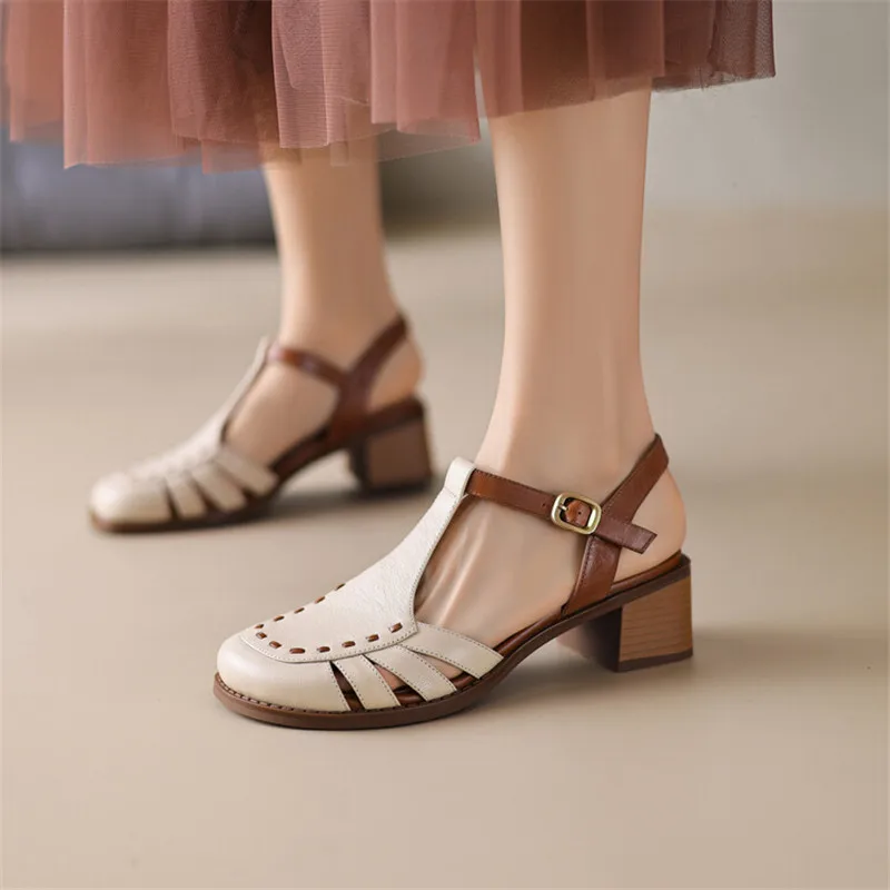 2023 Summer Sandals Round Toe Sandals Chunky Heel Shoes for Women Handmade Women Sandals Mixed Color Hollow Out Gladiator Shoes