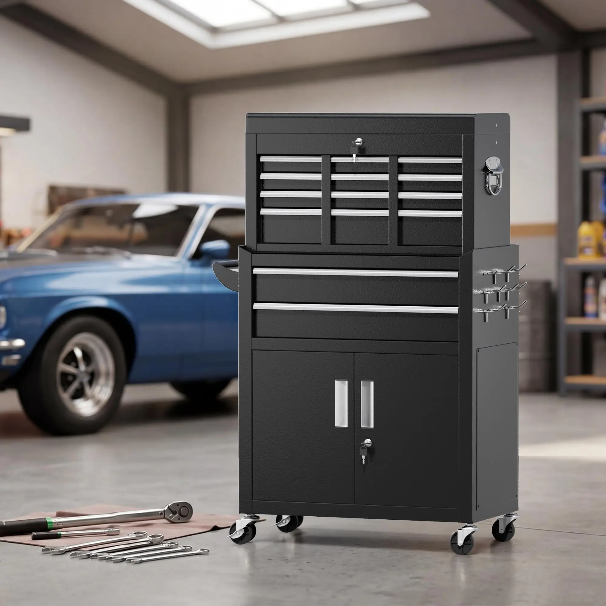 8 Drawers Rolling Tool Chest, Detachable Top Tool Box with Wheels & Side Hooks, Lockable Metal Tool Cabinet with Liners