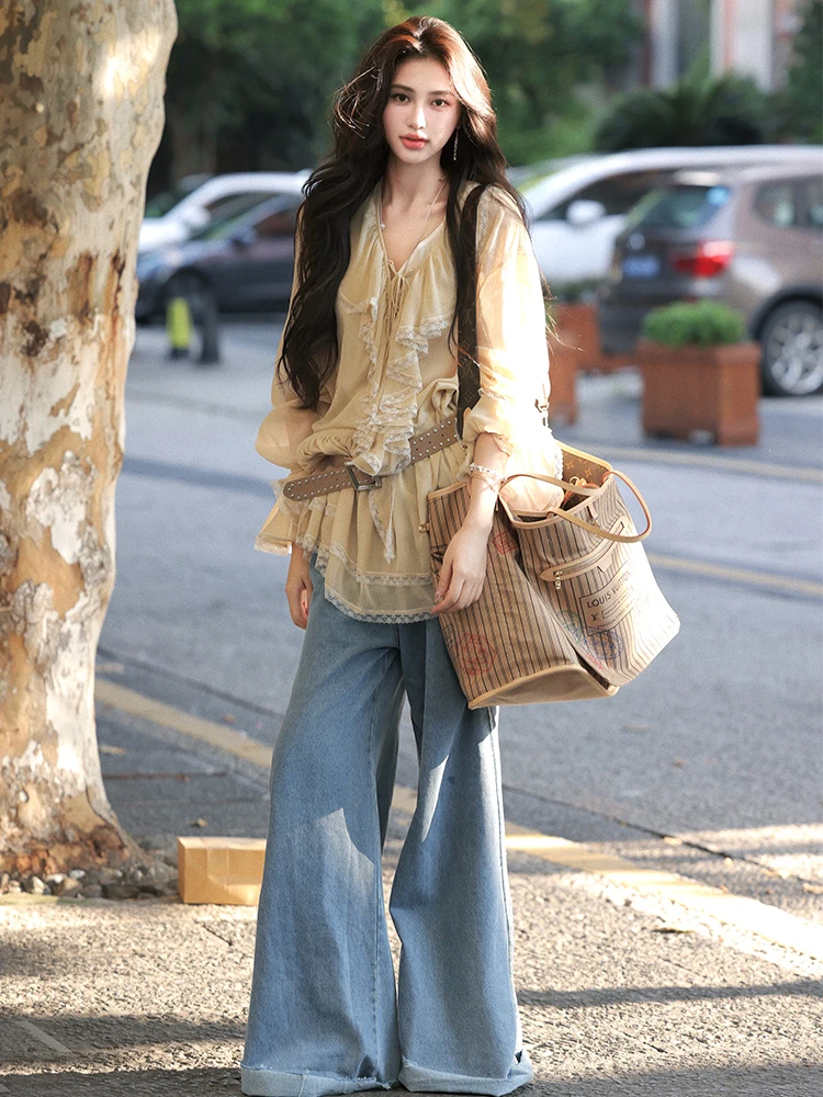 

Sweet Gentle Wind Кружевная отделка irt Dr Long Sve French Sle Свободный крой из полиэфирного волокна V-Ne на пуговицах средней длины Осень...