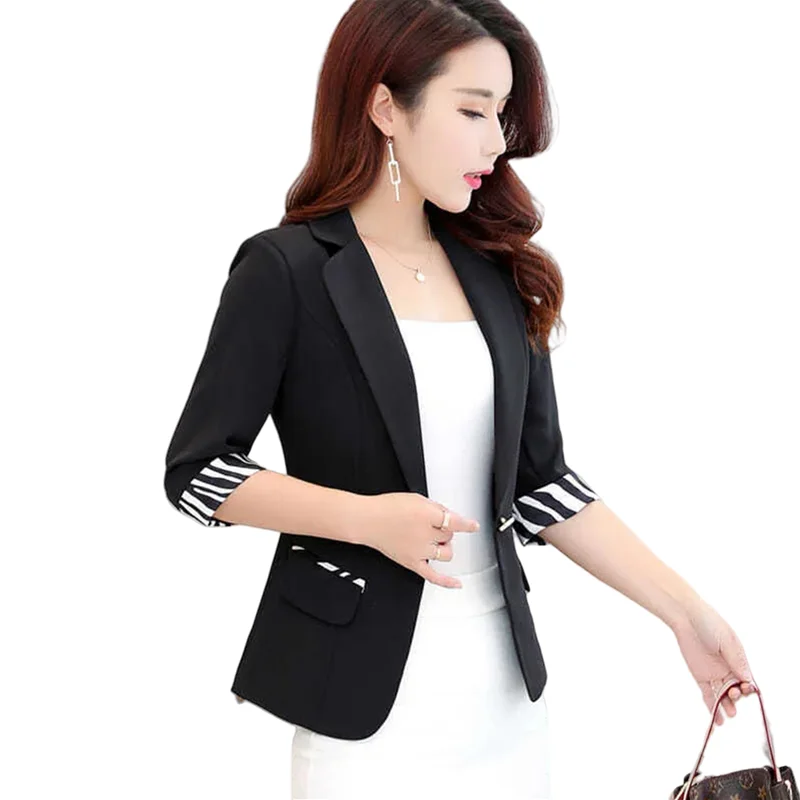 Small Suit Jacket Korean Style Offcie Ladies Seven Sleeve Pachwork Striped Slim Blazers Summer Casual Coat