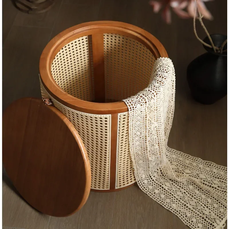 Leisure And Minimalist Coffee Table With Rattan Woven Circular Room Desk Flip Design Storage Basket Versatile Scene Side Table