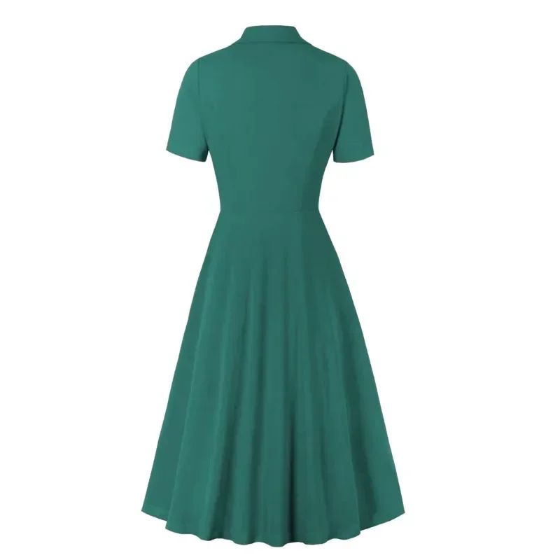 

Spring Summer Double-breasted A-line Dress For Women Classic Retro Solid Color Short-sleeved Suit Collar Dresses Y2k Vestido 원피스