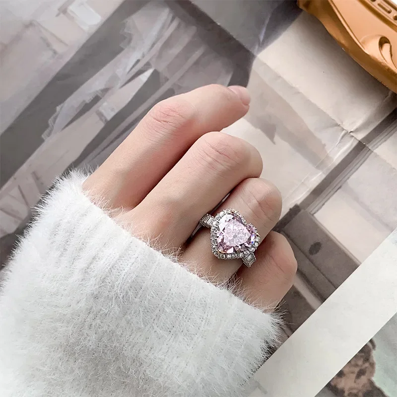 

New High-end Jewelry Luxury Inlaid High-carbon Diamond Ice Flower Cut Heart-shaped Temperament Ring Main Stone 12*12 Accessories