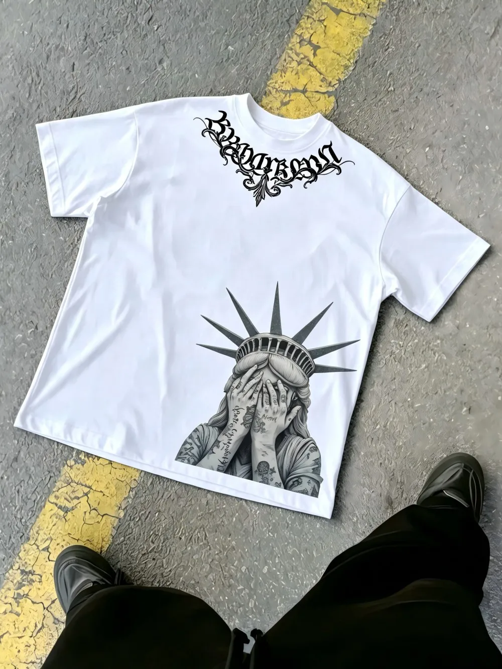 American men's summer urban ghost mask flame letter print micro elastic breathable round neck T-shirt outdoor street top