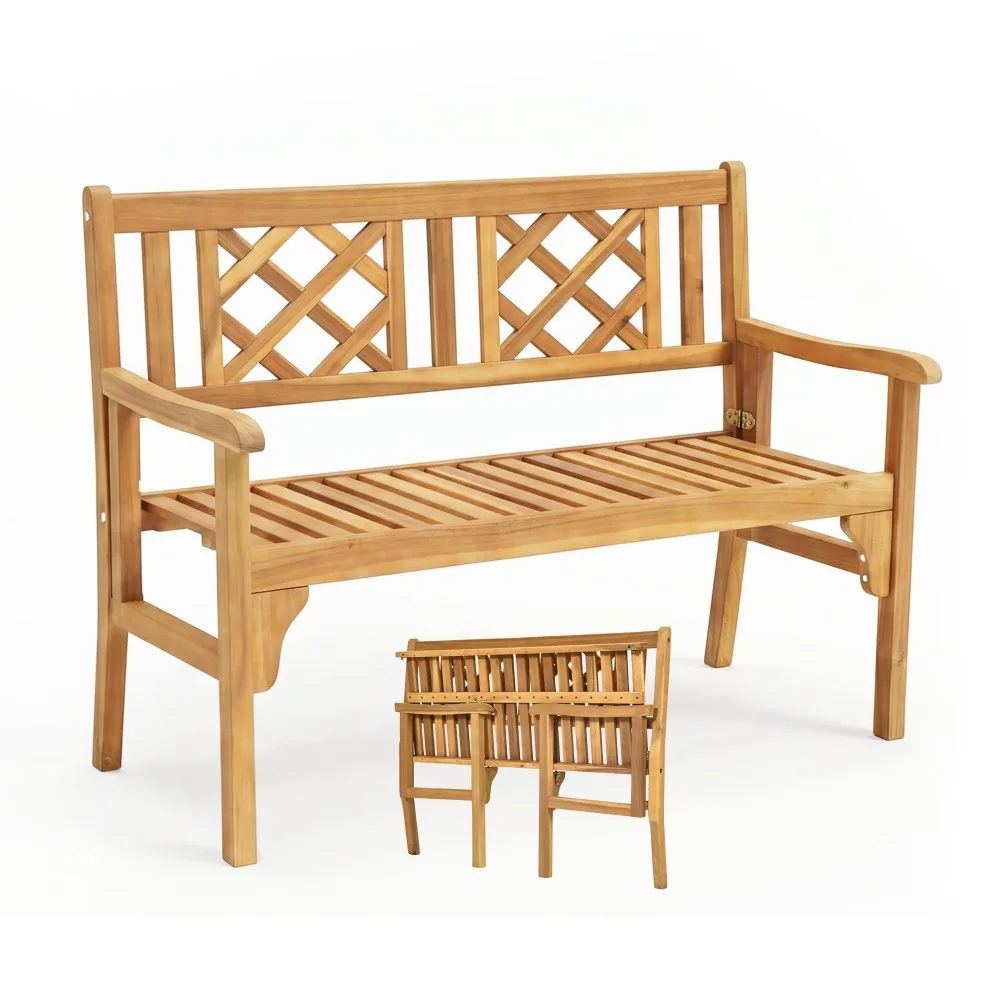 Folding Outdoor Wood Garden Bench, Foldable Acacia Wood Patio Bench with Wide Curved Armrest & Backrest, Outside