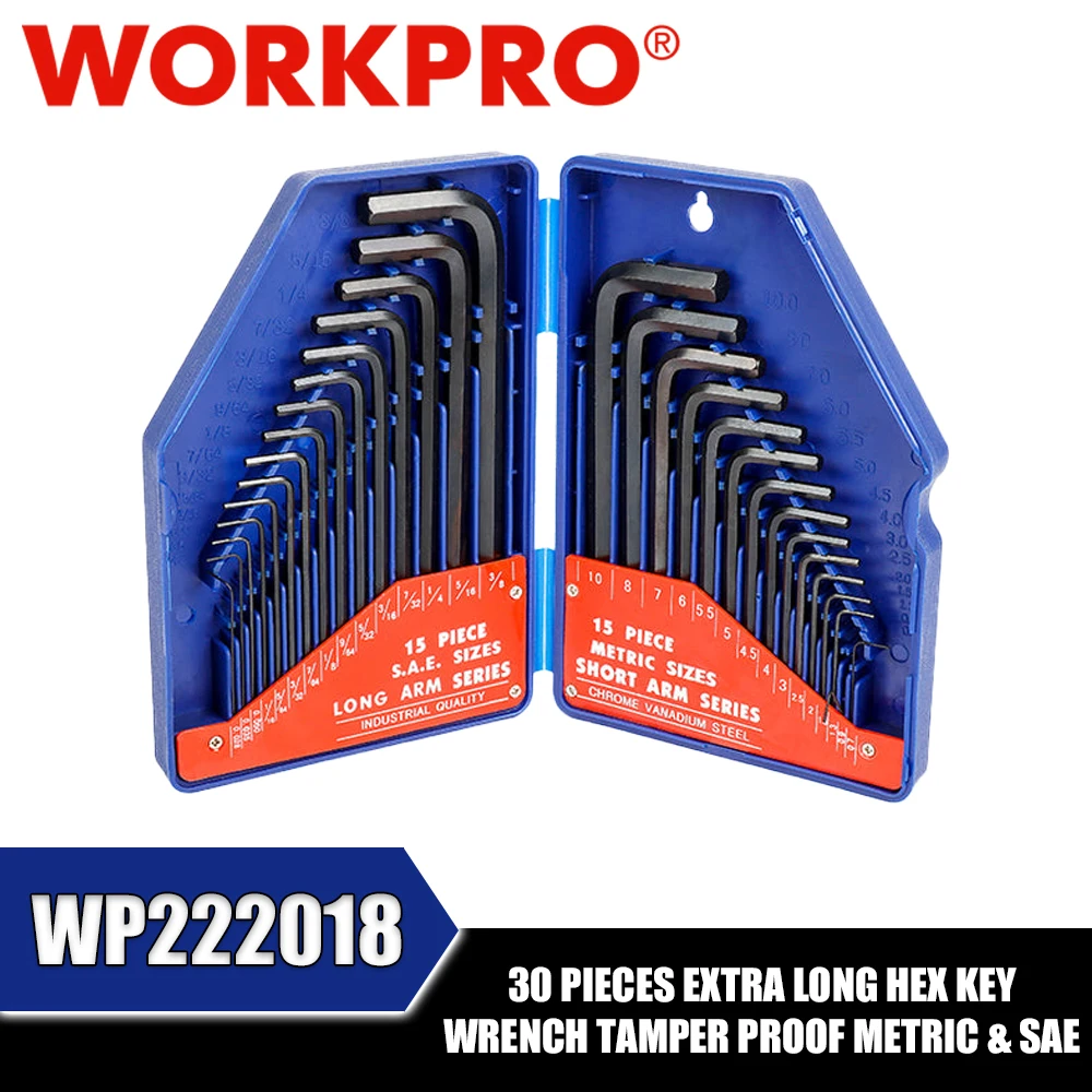 WORKPRO WP222018 30 Pieces Extra Long Hex Key Wrench Tamper Proof Metric & SAE Hand Tools