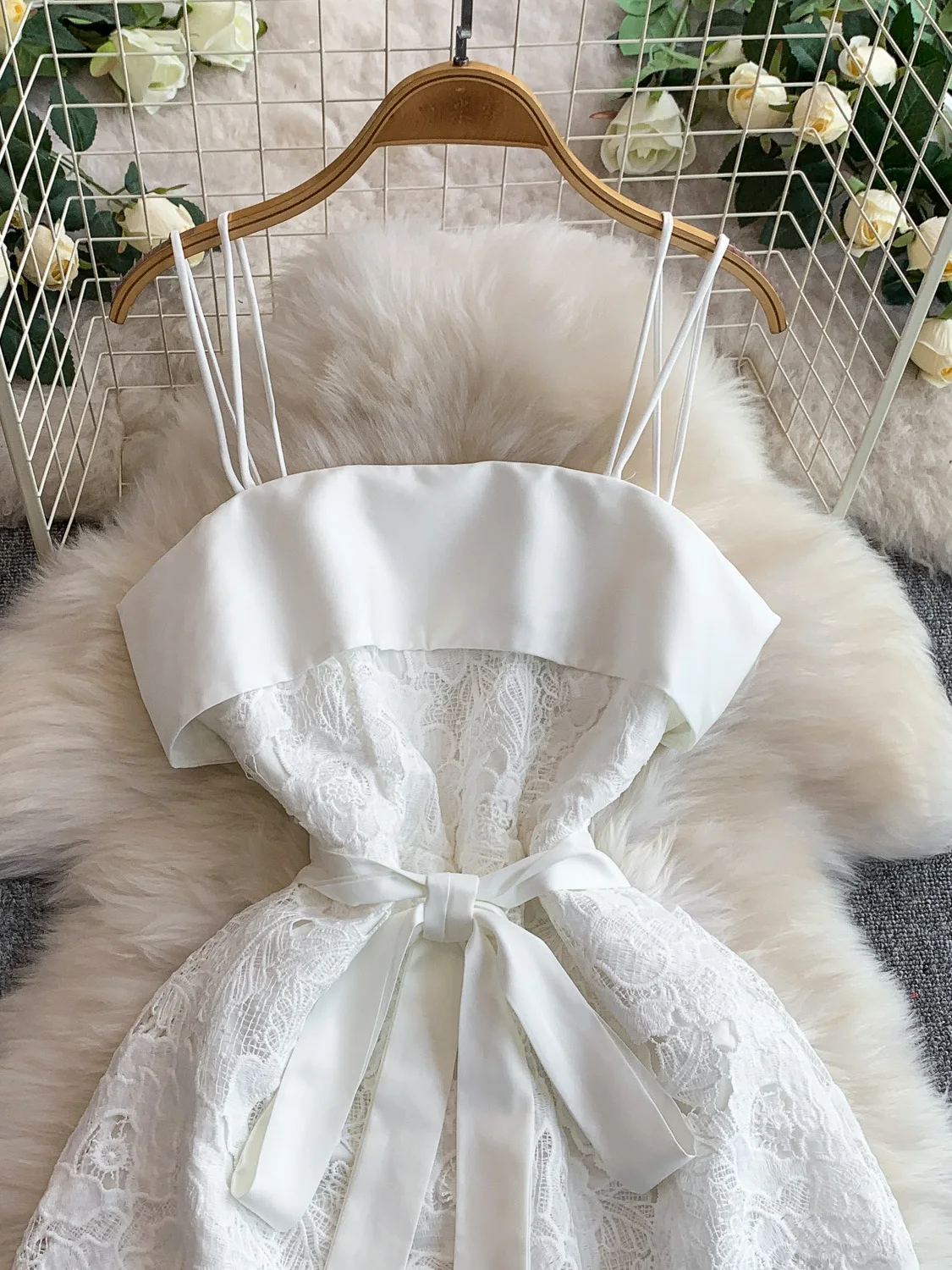 エレヘビーウェイト水溶性レースパッチワークシルクサテンストラップガウンレディースベルト付きウエストスリムロングドレス