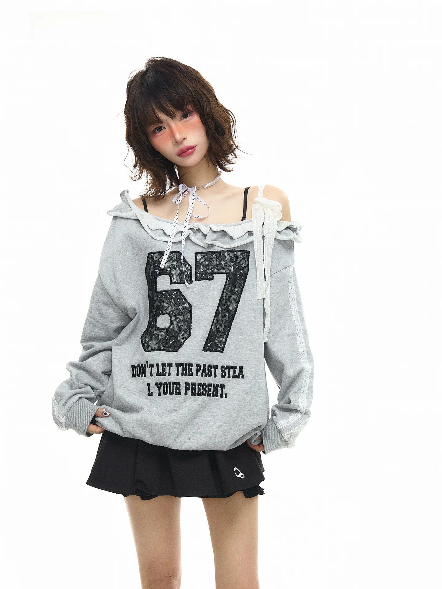 

ASTRSK Корейский студенческий винтажный свитшот с кружевными вставками на плечах, свободный крой, с бантом, повседневный женский топ с длинным рукавом и круглым вырезом