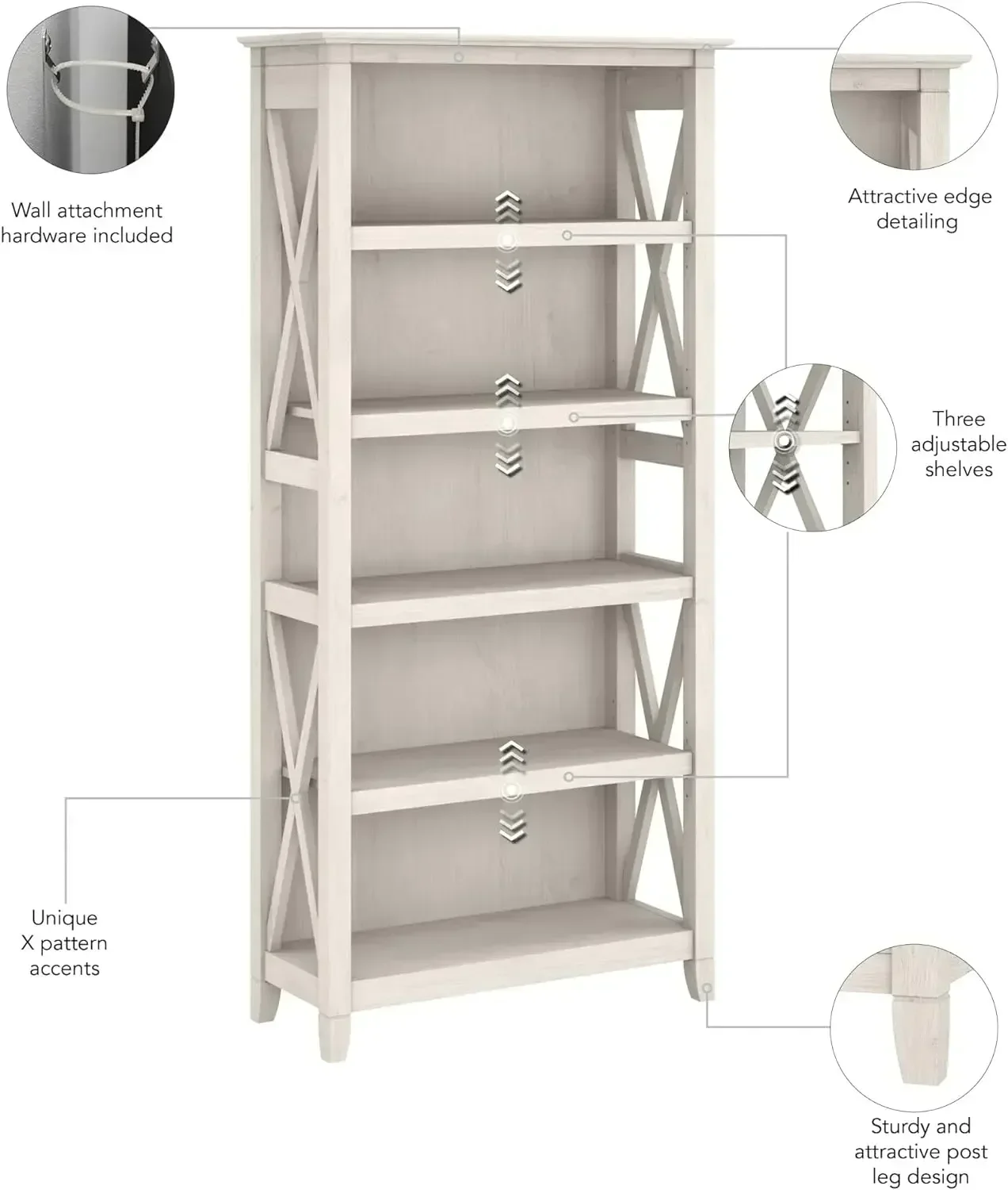 Key West Bookcase Shelf in Linen White Oak | Farmhouse Bookshelf Display Cabinet for Library, Bedroom, Living Roo