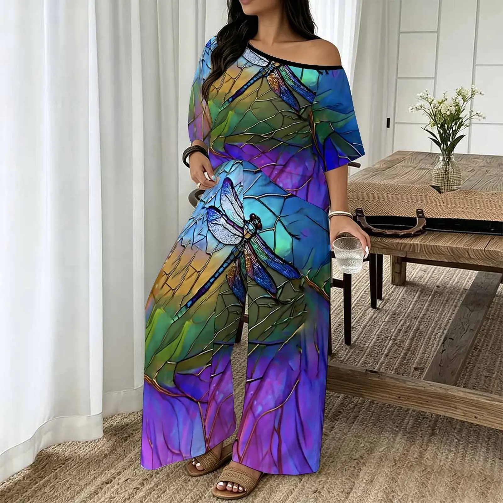 Plus Size Women Casual Print Two Piece Set Round Neck Sloping Shoulders  Short Sleeved Top Clothes Beach Vacation Sweatpants