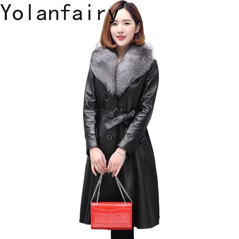 YOLANFAIRY جديد ربيع الخريف جلد الغنم الحقيقي خندق معطف المرأة منتصف طول الكورية موضة سترة جلدية حقيقية امرأة