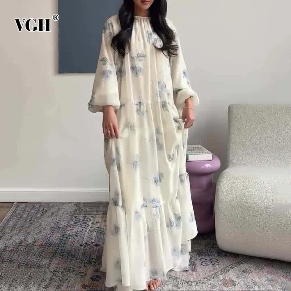 

VGH Printing Casual Slimming Dresses For Women Round Neck Long Sleeve High Waist Temperament Draped Dress Female Fashion Style