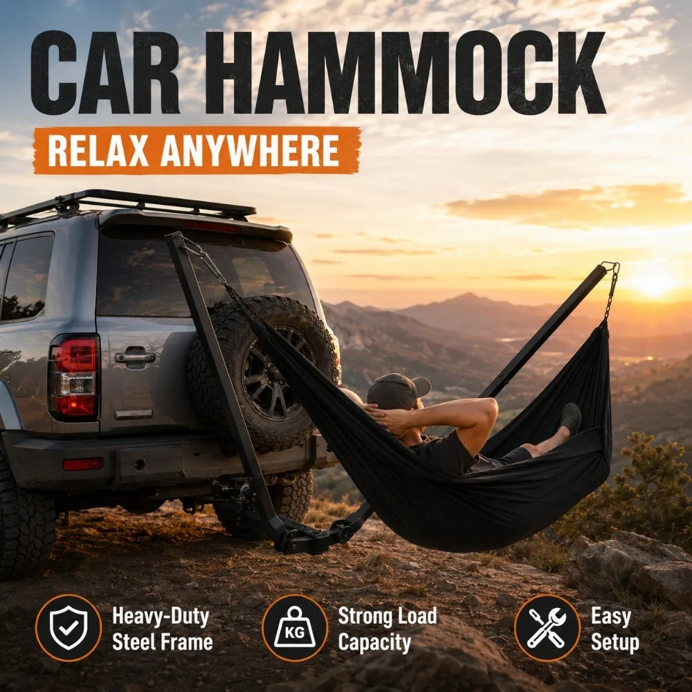 Vehicle Mounted Hammock Stand Heavy Duty Steel Folding Hitch Hammock Rack Portable Camping Kit for SUV Trailer Road Trip