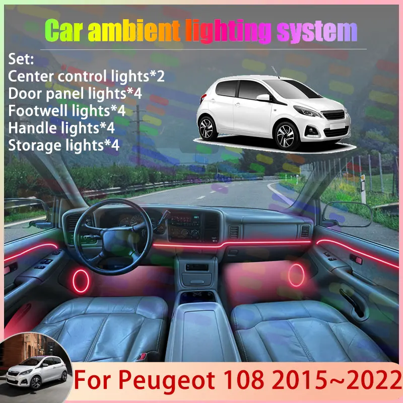 

Для Peugeot 108 Citroen C1 Toyota Aygo 2015 ~ 2022 2/18 в 1, автомобильная атмосферная лампа, RGB абажур, ансамбль, стример, атмосферный набор