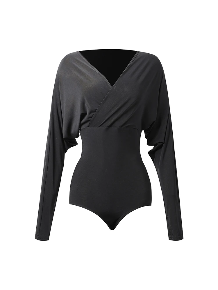 Latin Dance Clothes Female V Neck Bat-Sleeves Bodysuit Women Latin Tops Black Practice Wear Samba Ballroom costume practice