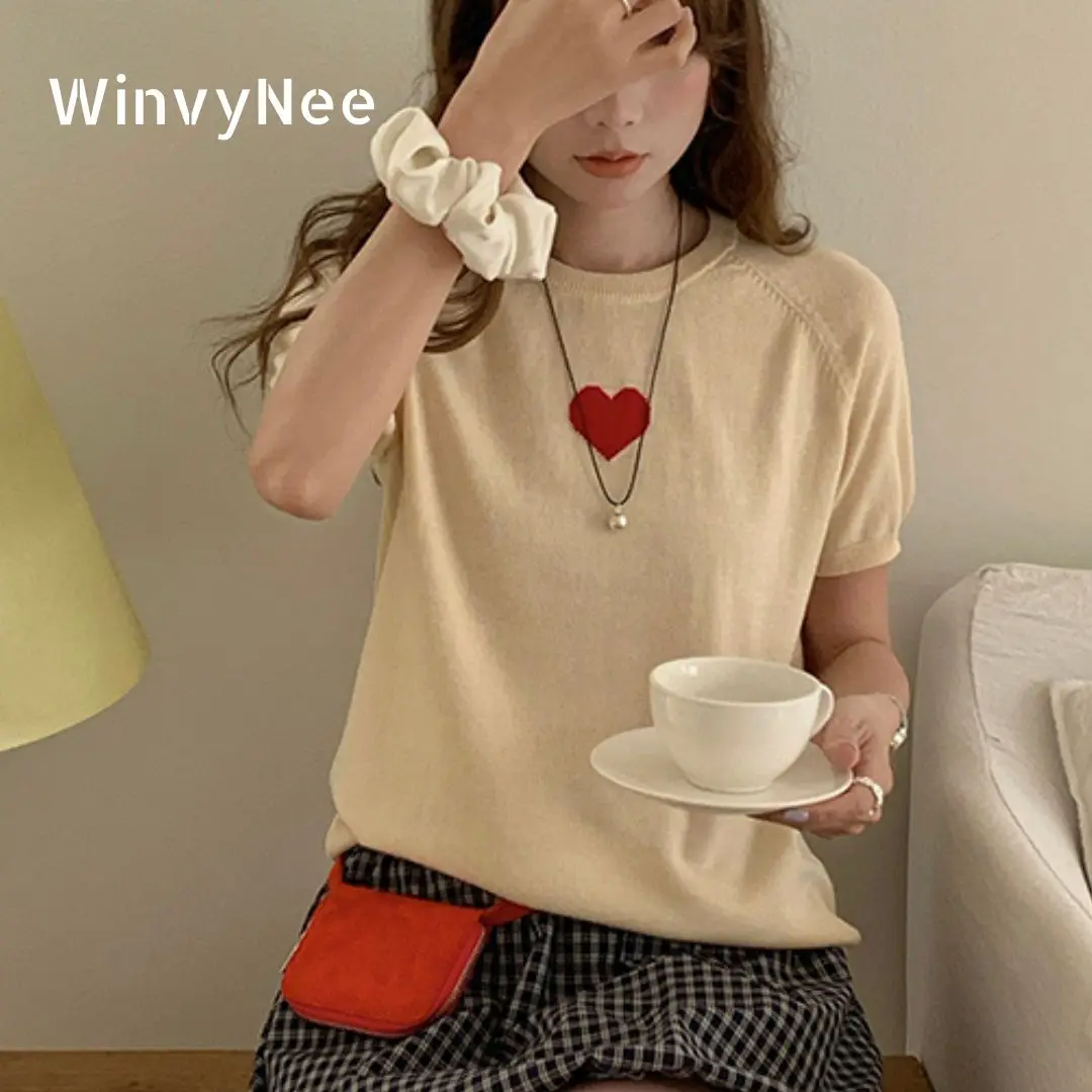 

WinvyNee, летняя женская хлопковая футболка с короткими рукавами, топ Y2k с круглым вырезом и сердечком, корейский повседневный пуловер, базовая одежда, топы A 1522024