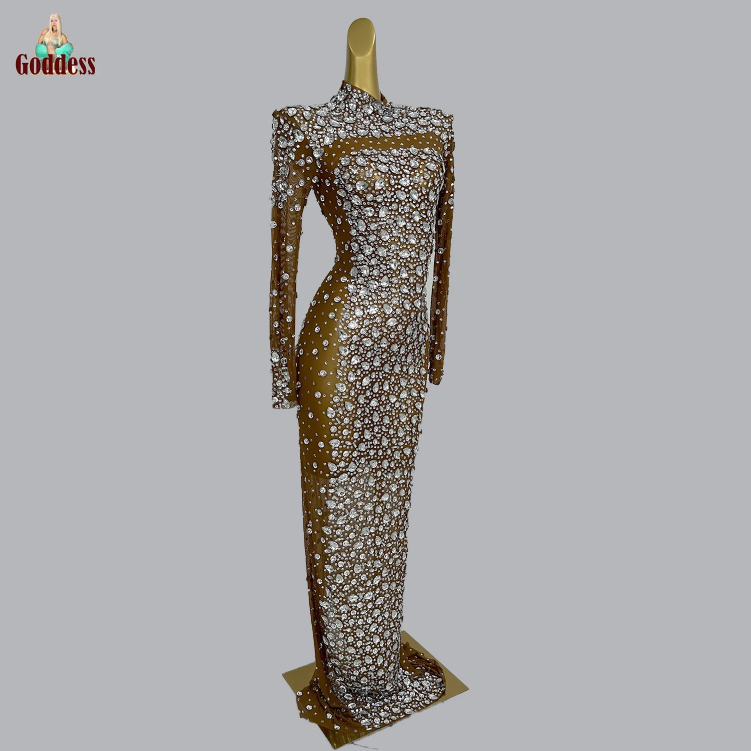 Vestido largo elegante con diamantes de imitación, vestido de noche de cóctel para mujer, fiesta de celebración de cumpleaños, cena de lujo, vestido de malla, ropa de fotografía