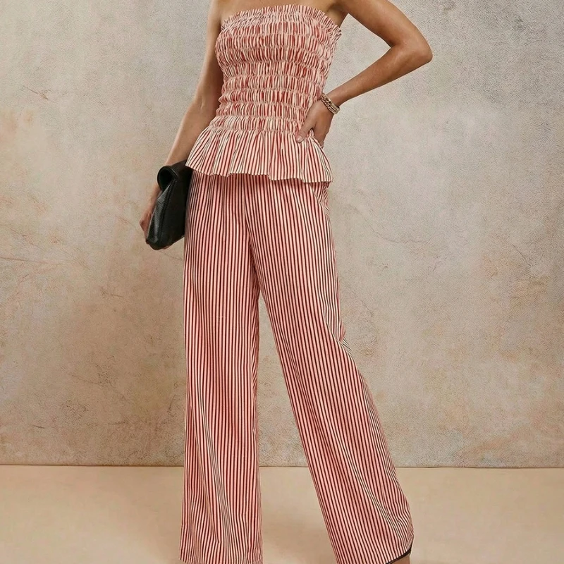 

Street Chic Pink Stripe Pants Women's Suits Summer Ruffles Pleated Tops With Wide Leg Pants 2 Piece Sets Spring Trouser Outfits
