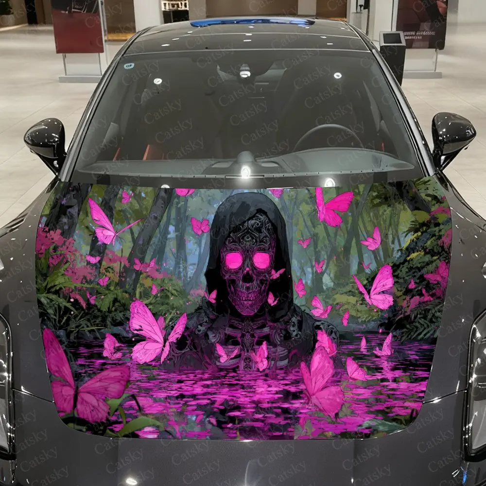 

Phantom Pink Butterfly Forest Skull Car Vinyl Wrap, PVC Material Waterproof Car Hood Sticker, Self-Adhesive Scratch-Resistant St
