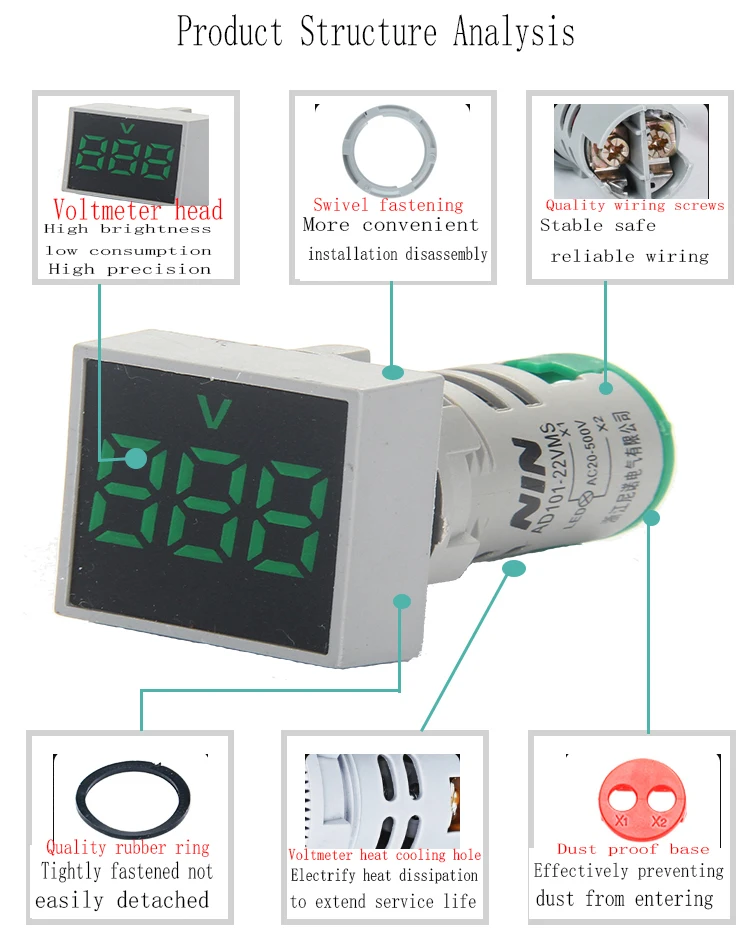 Pantalla Digital de película normal cuadrada, 1 piezas, AD101-22VMS, 22mm, voltímetro de CA, indicador de luz LED, AD16-22VM de apertura de resaltado