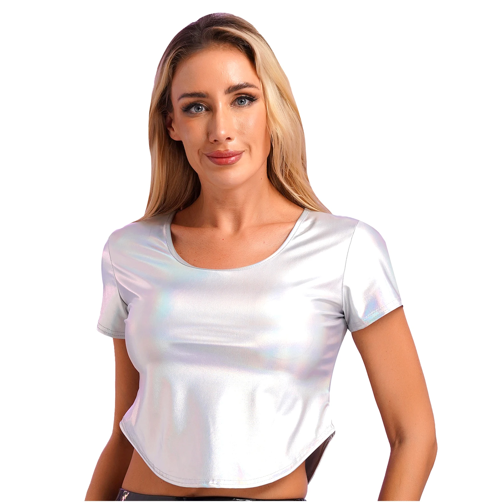 

Womens Metallic Curved Hem Crop Top Round Neck Short Sleeve T-shirt Rave Party Music Festival Stage Performance Costume