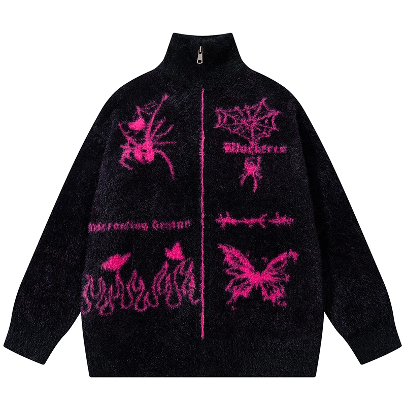 

Harajuku Gothic Sweater Men Fuzzy Knit Zip Up High Neck Cardigan Streetwear Y2K Butterfly Spider Flame Pattern Pullover Clothing