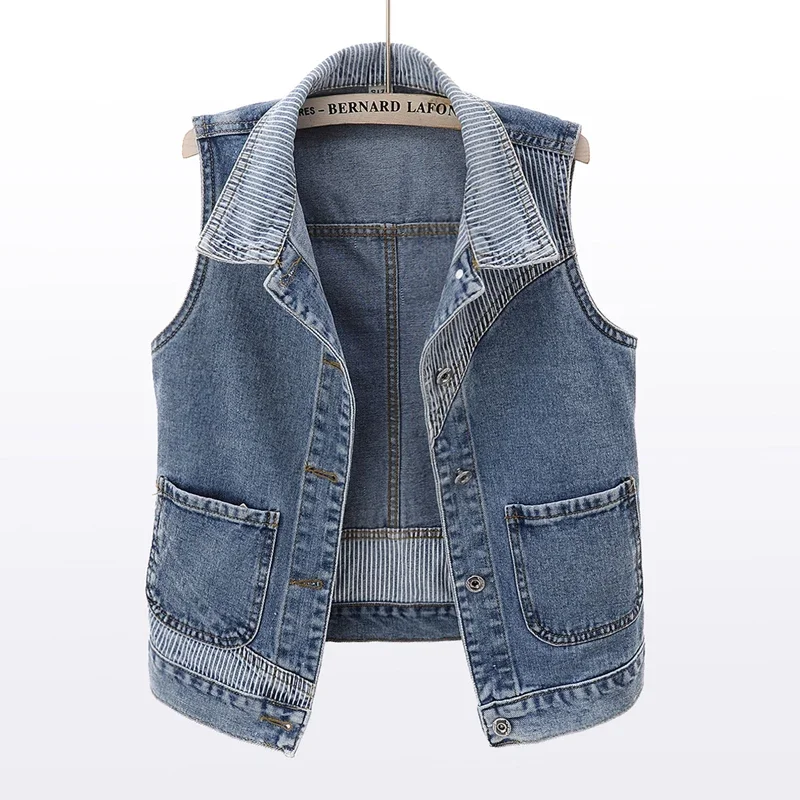 

Casual Short Denim Vest Women Waistcoat Vintage Blue Jeans Vests Fashion Striped Splicing Pocket Sleeveless Jacket Female