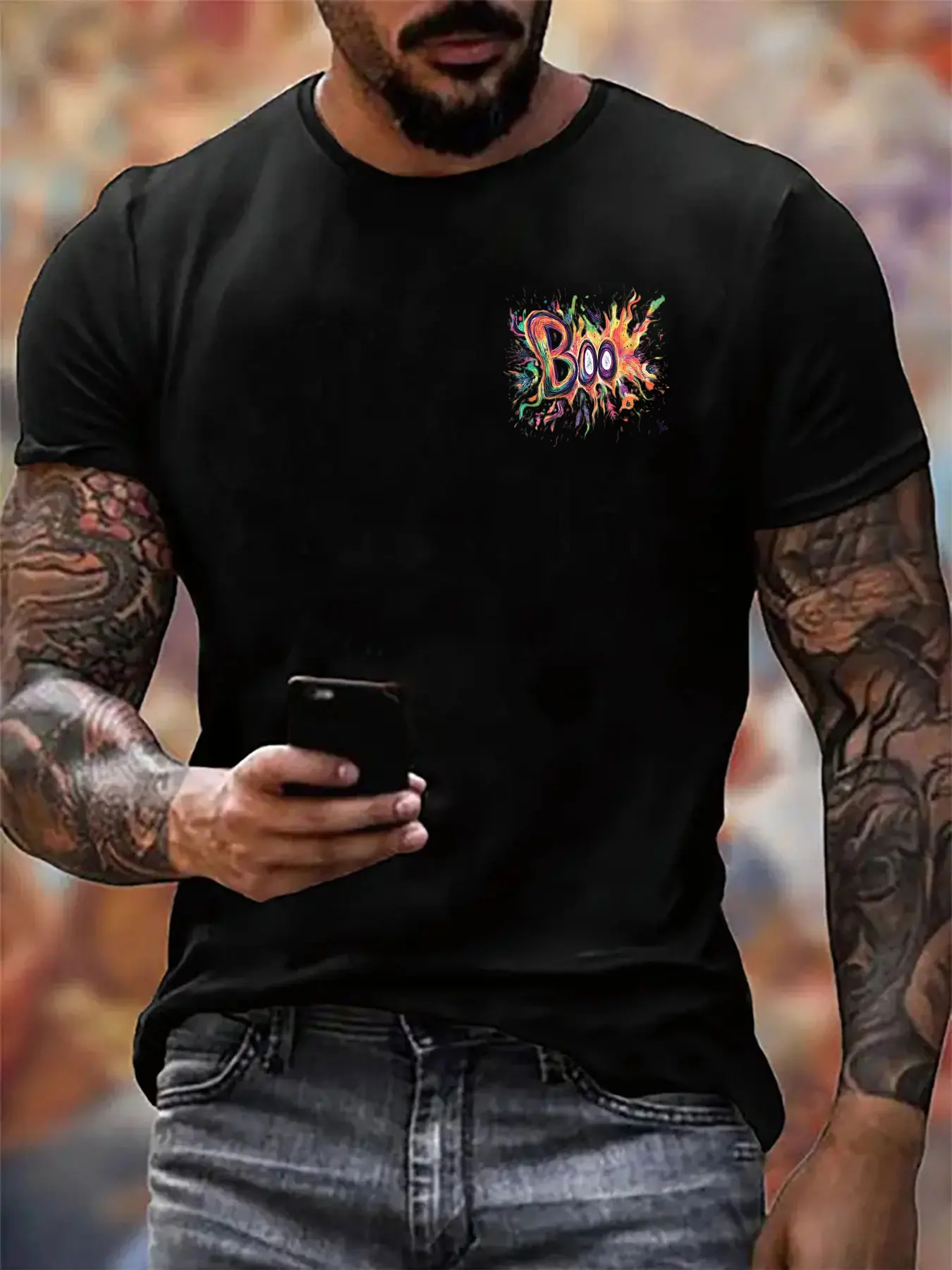 

Men's 100% Cotton Soft Loose Fit Tee With Colorful "BOO" Splatter Print For Casual Wear And Halloween Gift Giving