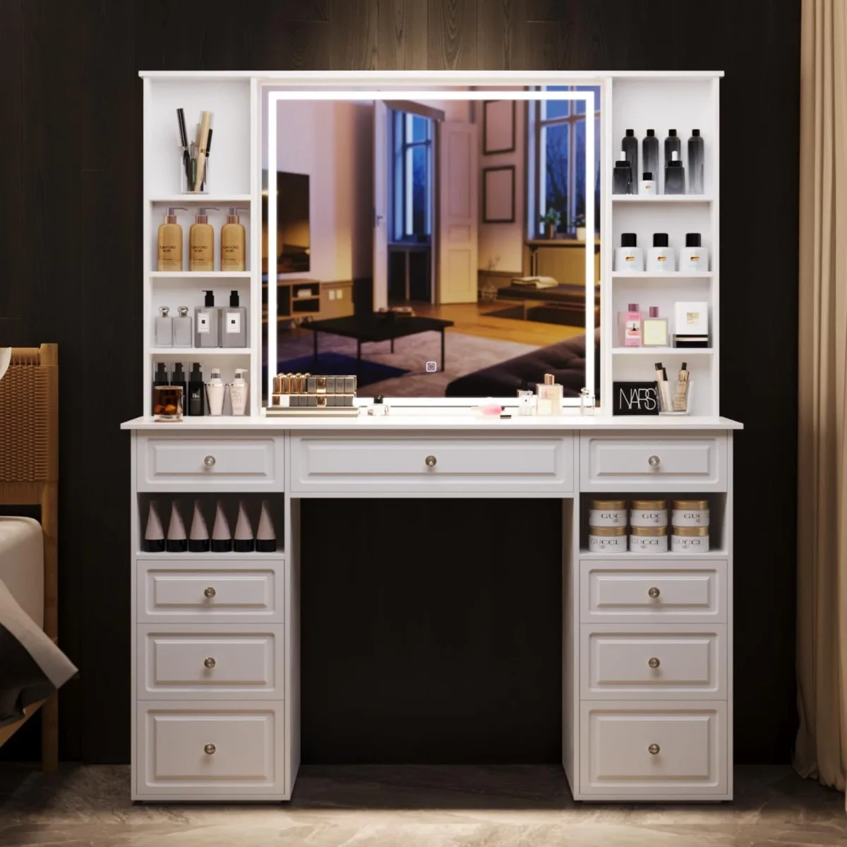 Extra Large Vanity Desk with Lighted Mirror,Huge desktop Makeup Vanity Table with 9 Drawers,European Style Vanity