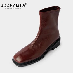 JOZHAMTA Size 34-39 Women Stretch Ankle Boots Vintage Real Leather Thick Heels Winter Shoes 2025 Fashion Ins Office Daily Dress