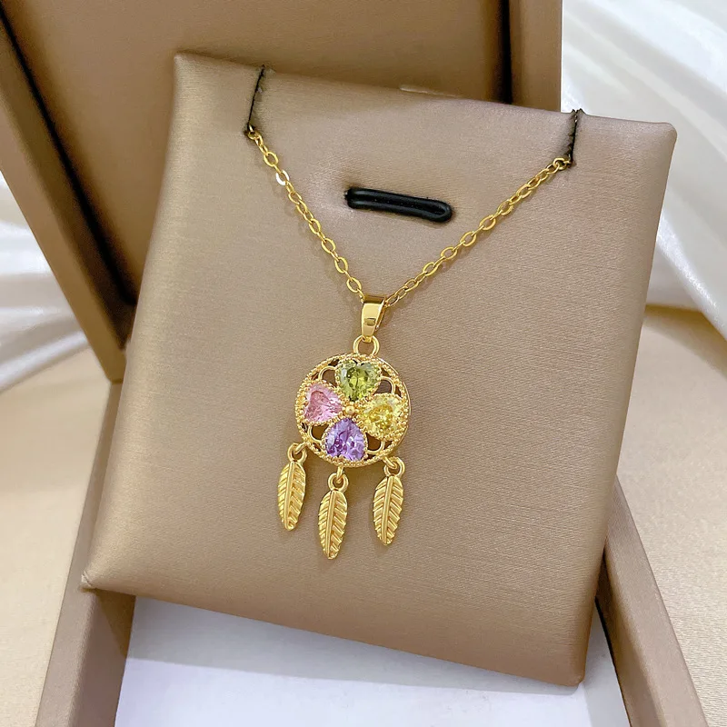 القلائد الملونة الزركون البرسيم زاك للنساء الفتيات محظوظ الفولاذ المقاوم للصدأ سلسلة قلادة مجوهرات اكسسوارات هدايا