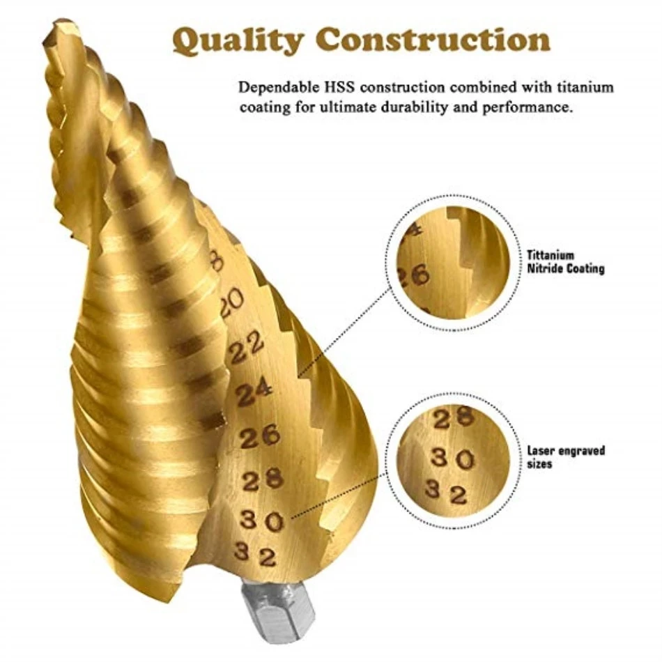 Сверло со спиральным рифленым титановым покрытием, ступенчатая спиральная канавка с шестигранным хвостовиком, фреза для отверстий в дереве и