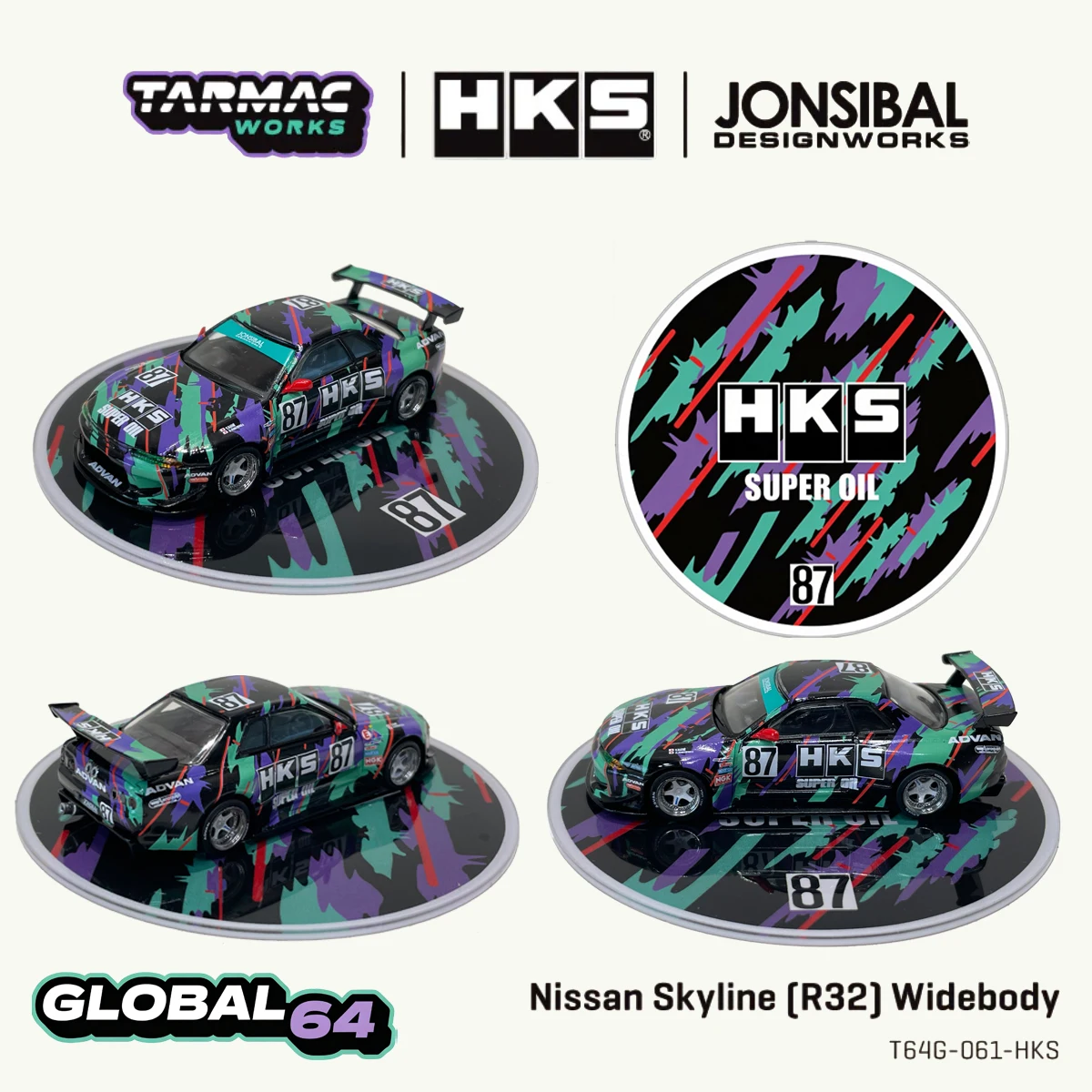 Tarmac Works 1:64 Nissan Skyline R32 Widebody HKS #87 Trading Card Inside Diecast Car Model In Stock Ready To Ship T64G-061-HKS