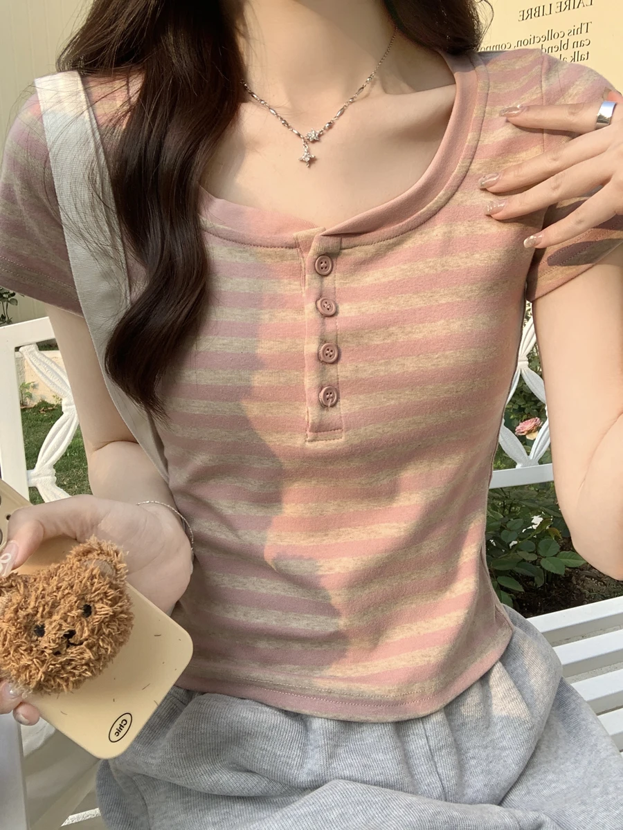 

Футболка из чистого хлопка ort Sve, женская облегающая футболка в полоску, летняя новинка, круглый топ на пуговицах Ne f с открытым воротником, топ небольшого размера