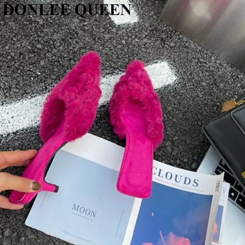 Fashion Women Fur Slides Slippers Pointed Toe Shallow Slip On Plush Shoes Med Heels Mule Black Rose Pink Pumps Party Dress Mujer