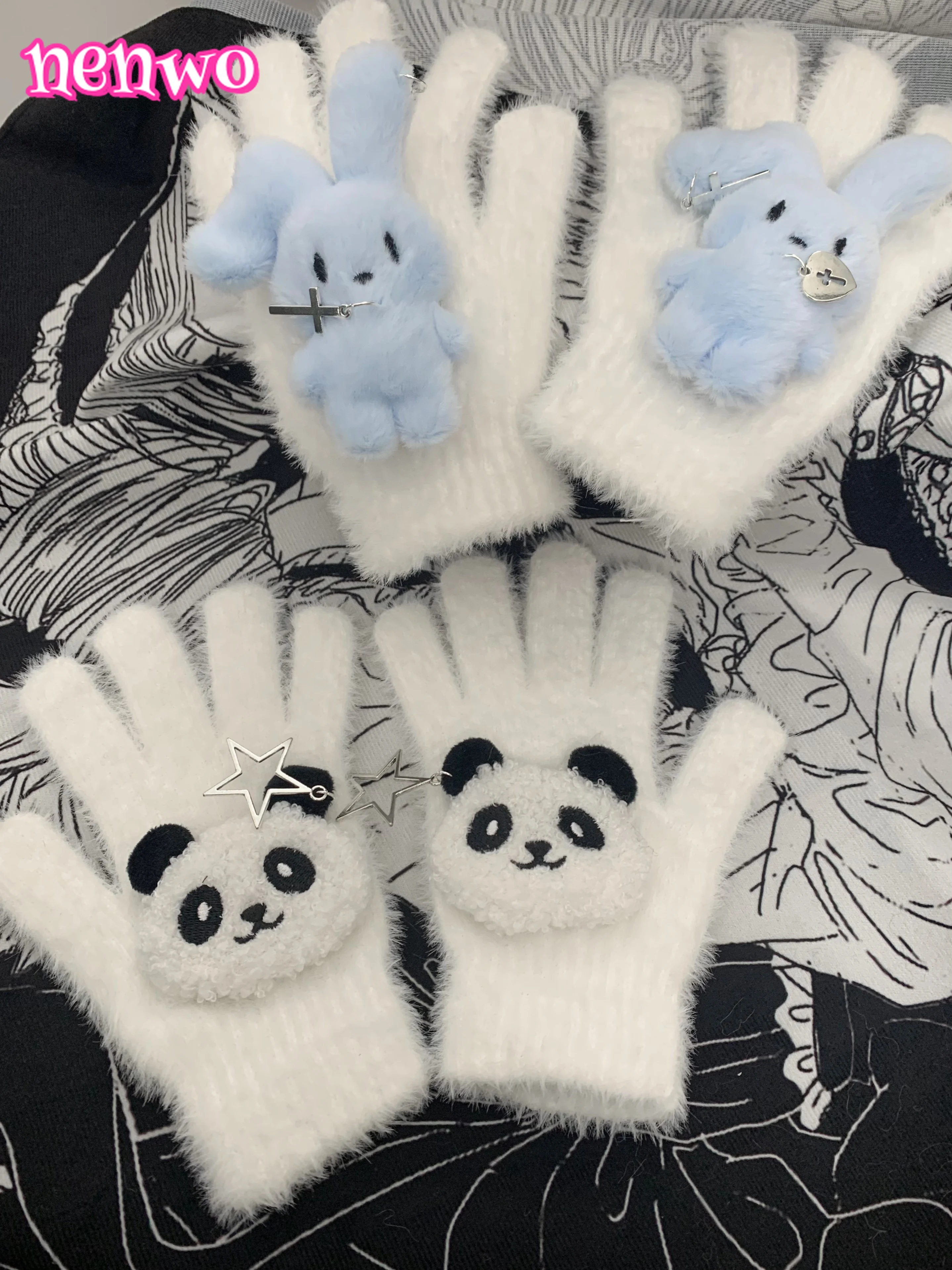 

Оригинальные перчатки в стиле Харадзюку в готическом стиле Лолита Y2K в стиле панк, женские зимние теплые милые перчатки с пандой и звездным крестом